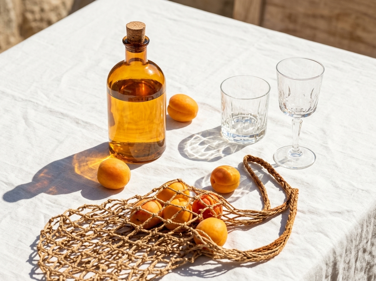 Operations platform ERP web app still life with amber bottle, apricots and woven bag on linen